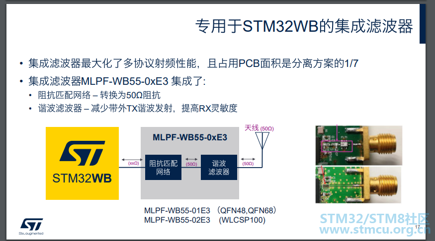 3、专用于STM32WB的集成滤波器是什么？              集成滤波器是 MLPF-WB55-0xE3              具有阻抗 ...